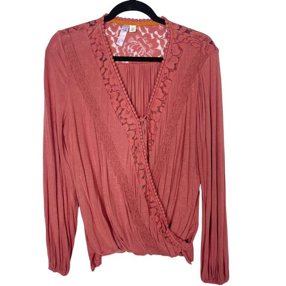 Francescas Alya Pink Mauve Medium M Lace Long Sleeve Wrap Top Blouse Jersey - Picture 1 of 7